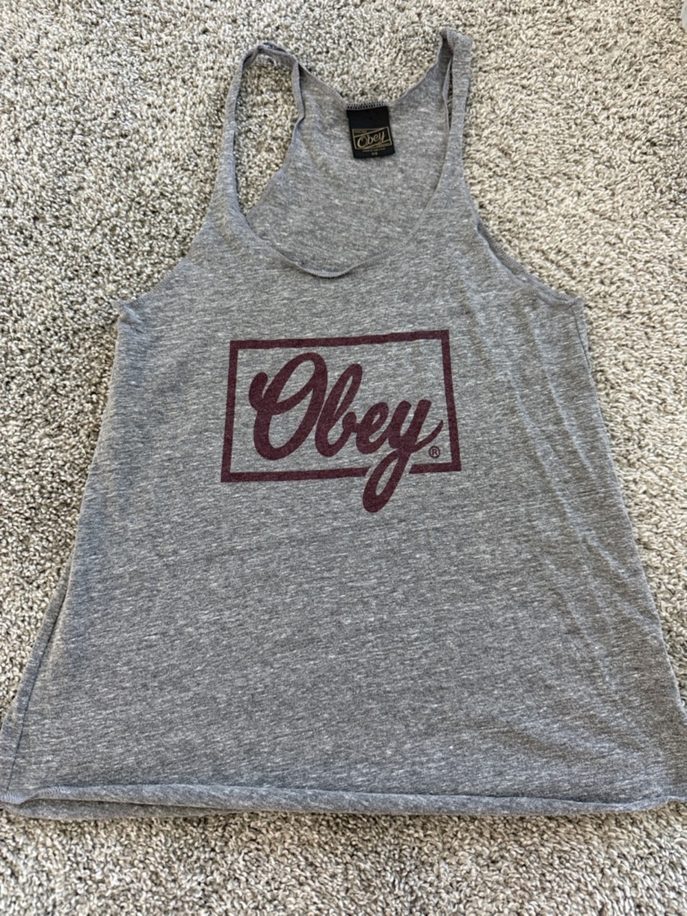 Obey Gray Racerback Tank with Burgundy Logo